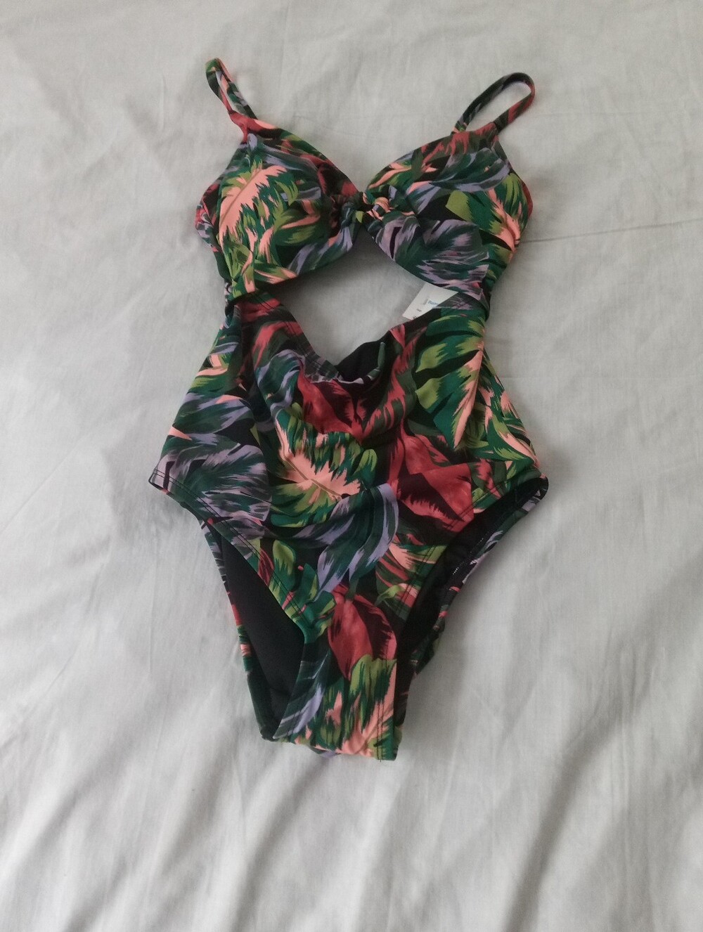 Time and Tru Women's Tropical Cutout One-Piece Swimsuit in Green, Pink & Purple